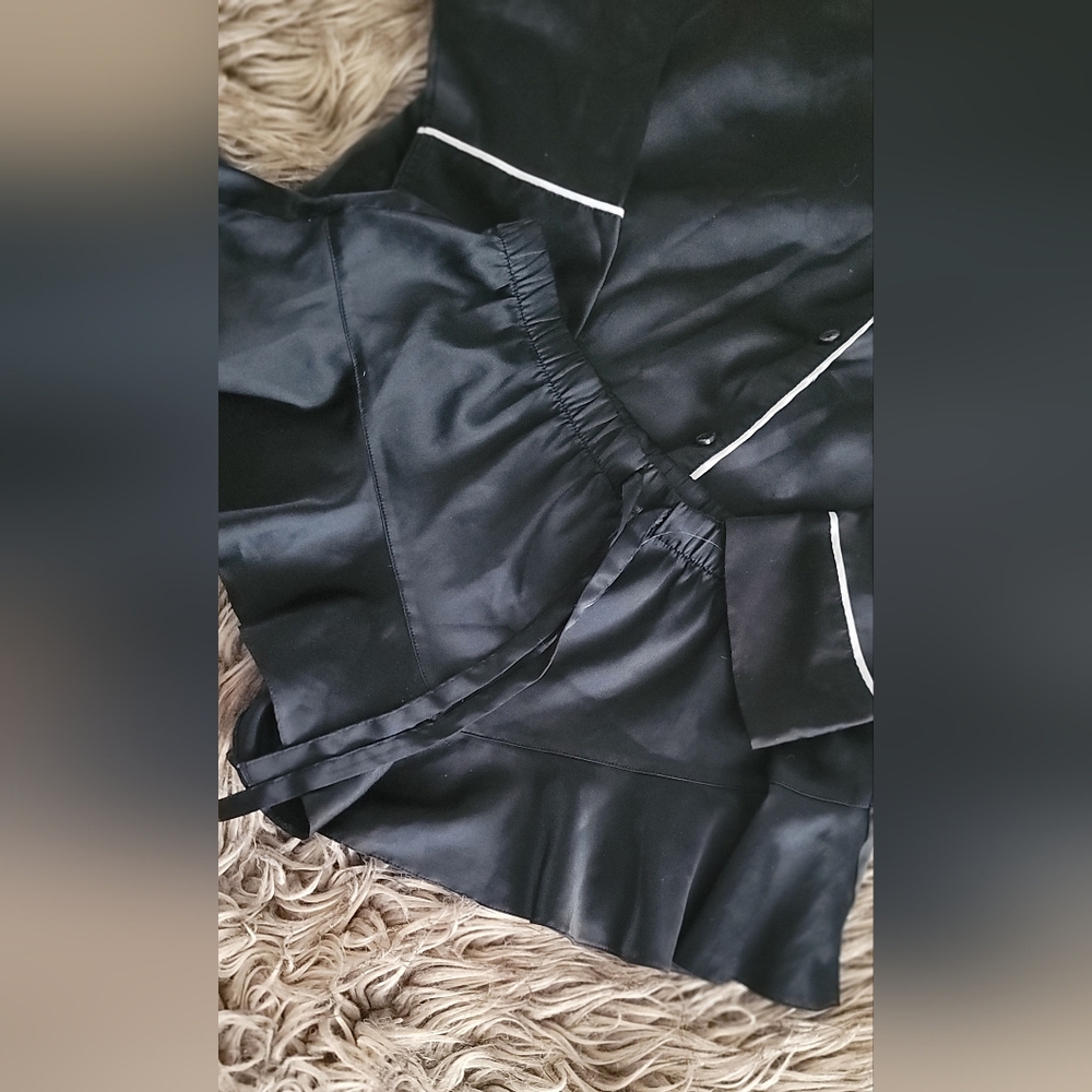 VICTORIA'S SECRET Black Satin Pajama Set with White Trim SMALL - Picture 3 of 4